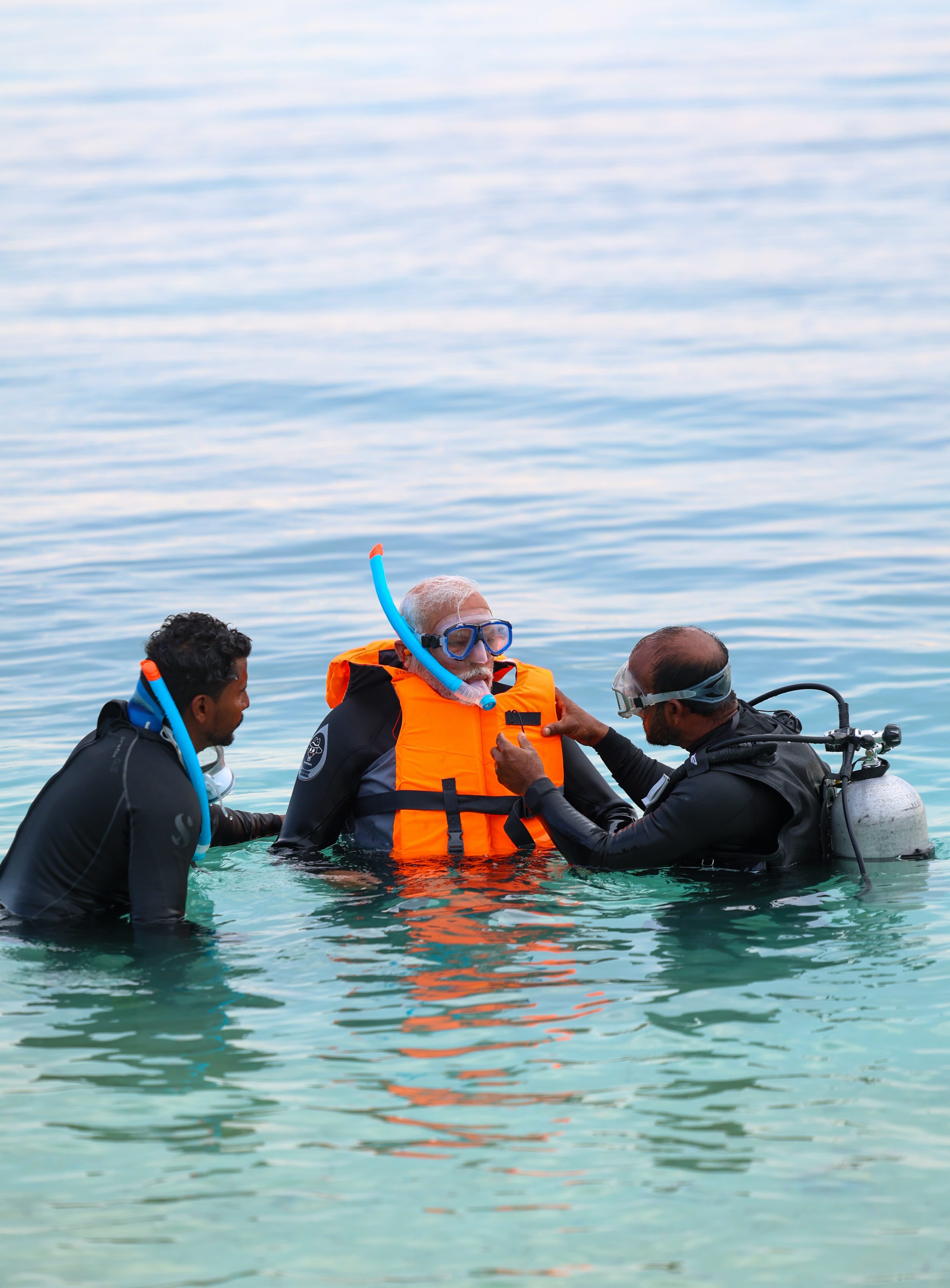 Prime Minister Narendra Modi tries snorkeling during his visit in Lakshadweep. Credit: PTI Photo