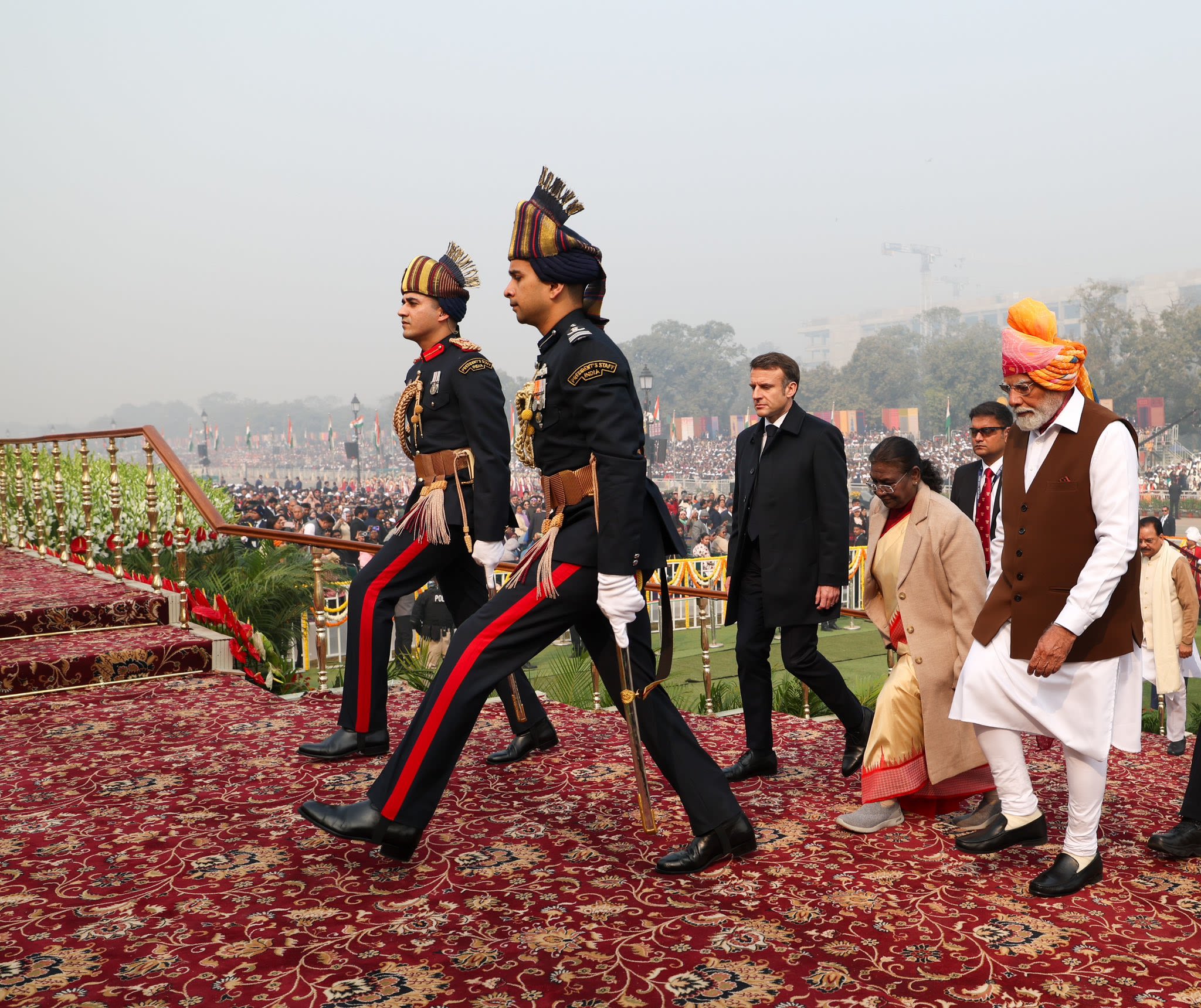 Prime Minister Narendra Modi, President Droupadi Murmu, and French President Emmanuel Macron during Republic Day celebrations, Jan. 26, 2024. Credit: X/@narendramodi