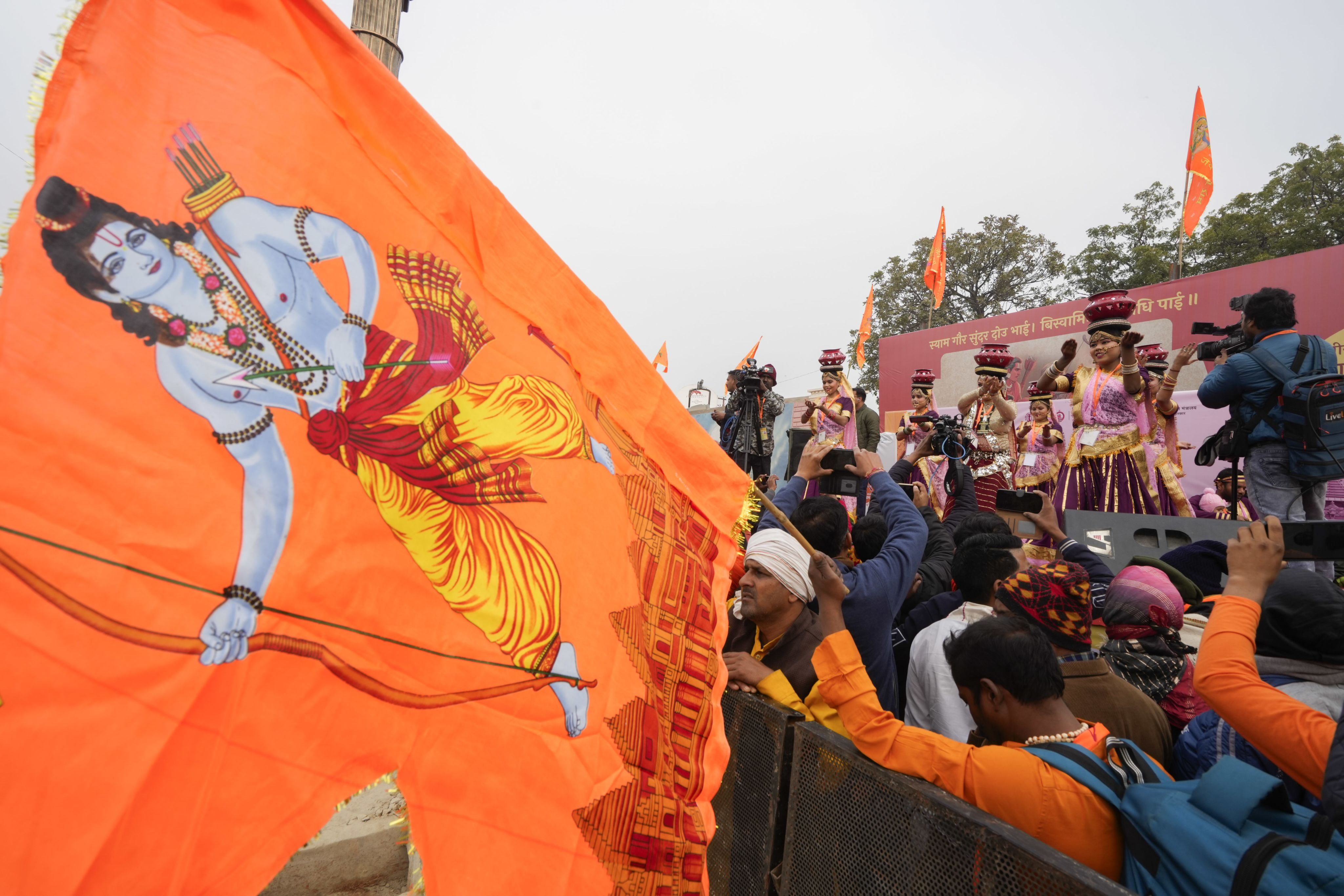 Artists perform ahead of the consecration ceremony of Ram Mandir, in Ayodhya, Monday, Jan 22, 2024. Credit: PTI Photo
