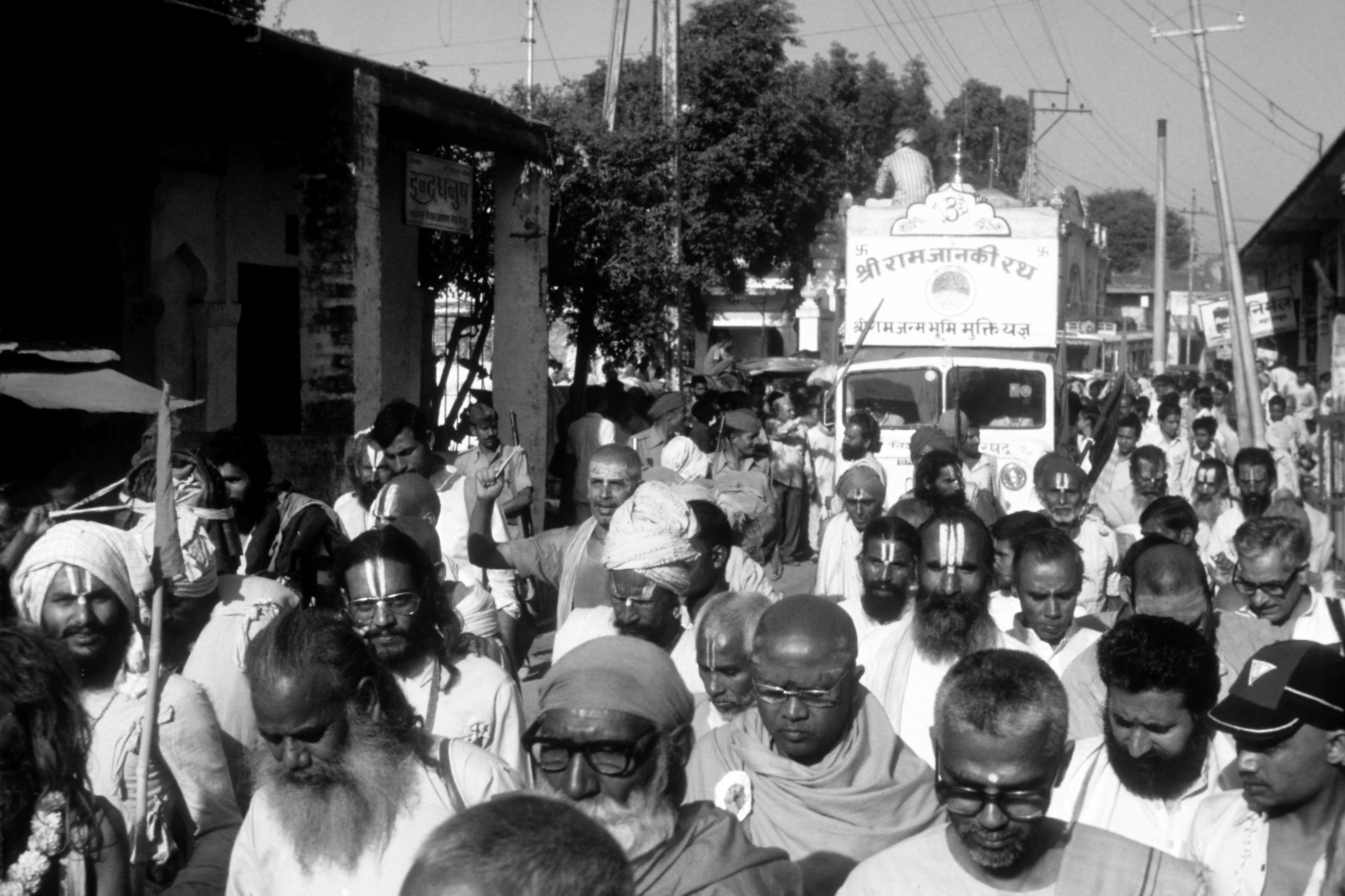 An undated photo of Sadhus walking during a VHP procession calling for the construction of the Ram mandir in Ayodhya. Credit: TPML Archives
