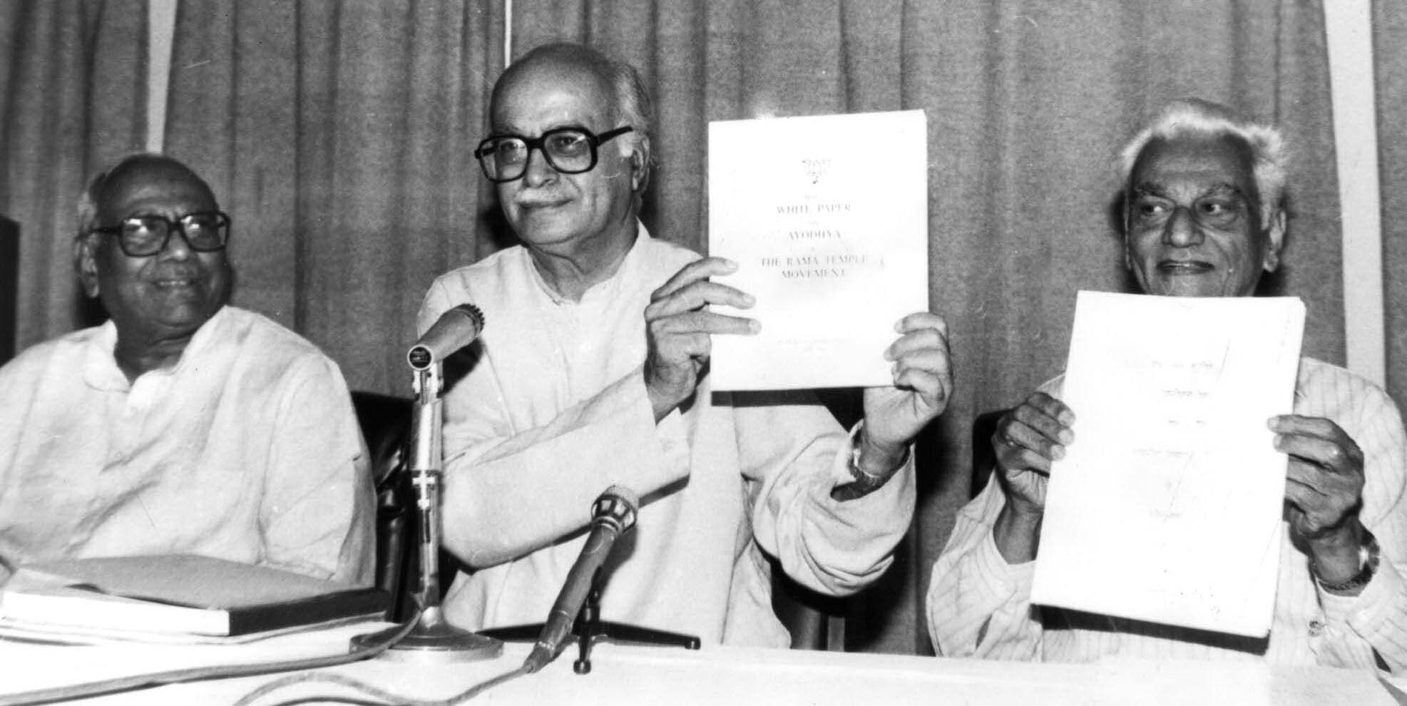 Undated photo of BJP President L K Advani releasing a white paper on the Ram mandir in Ayodhya. Credit: TPML Archives